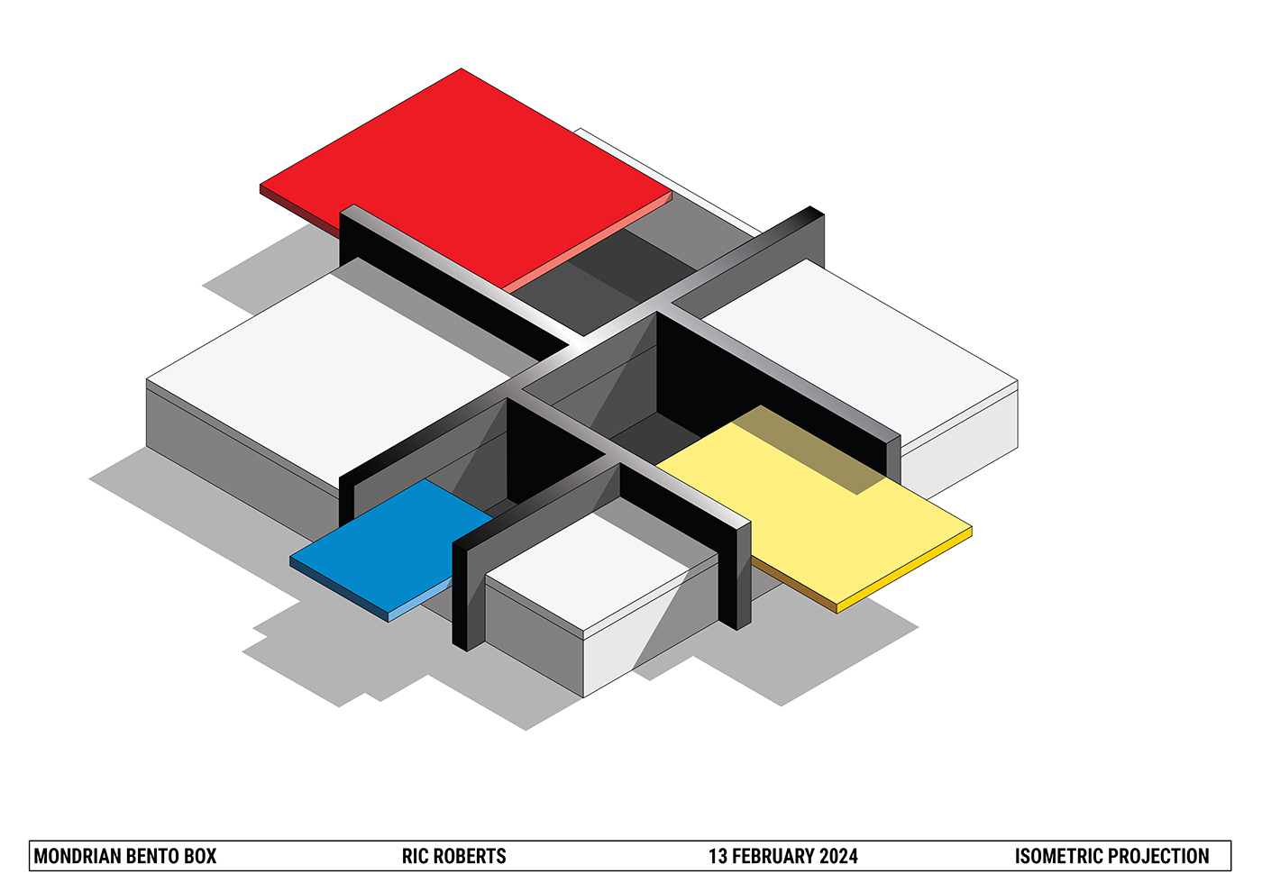 Isometric illustration of a geometric bento box with compartments in white, red, yellow, and blue, separated by black dividers. Text labels along the bottom edge provide title, designer, date, and projection type.