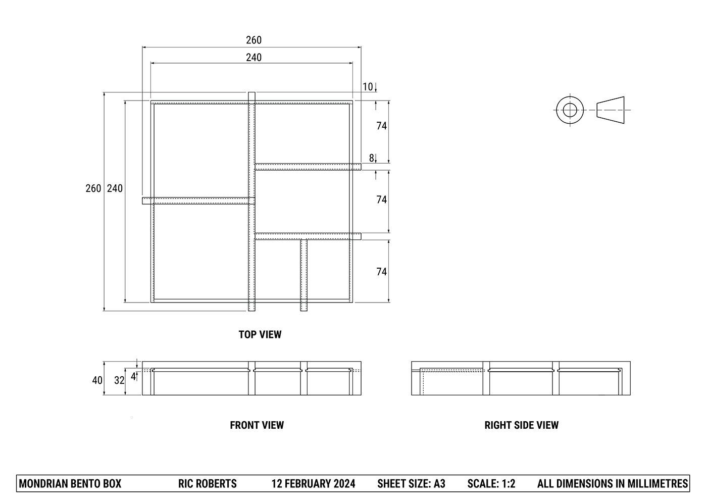 Technical drawing of a rectangular Mondrian bento box with compartments of varying sizes, showing top, front, and right side views, and all dimensions labeled in millimeters.