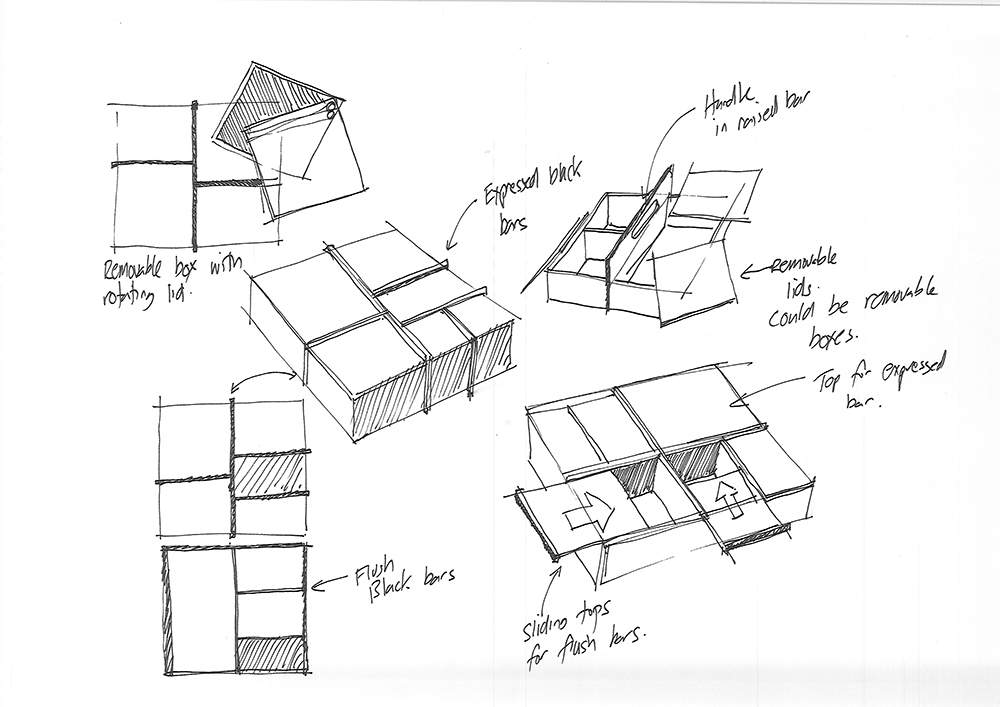 A hand-drawn sketch of modular box concepts, showing top and perspective views with notes about removable lids, sliding tops, rotating bars, and handles, exploring various configurations and mechanisms.