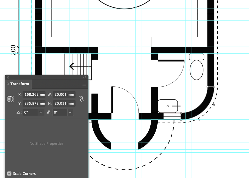 Architectural floor plan with blue grid lines, black walls, and bathroom fixtures. A Transform tool window shows dimensions and coordinates. Dashed lines indicate a curved path or boundary. Scale Corners option is checked.