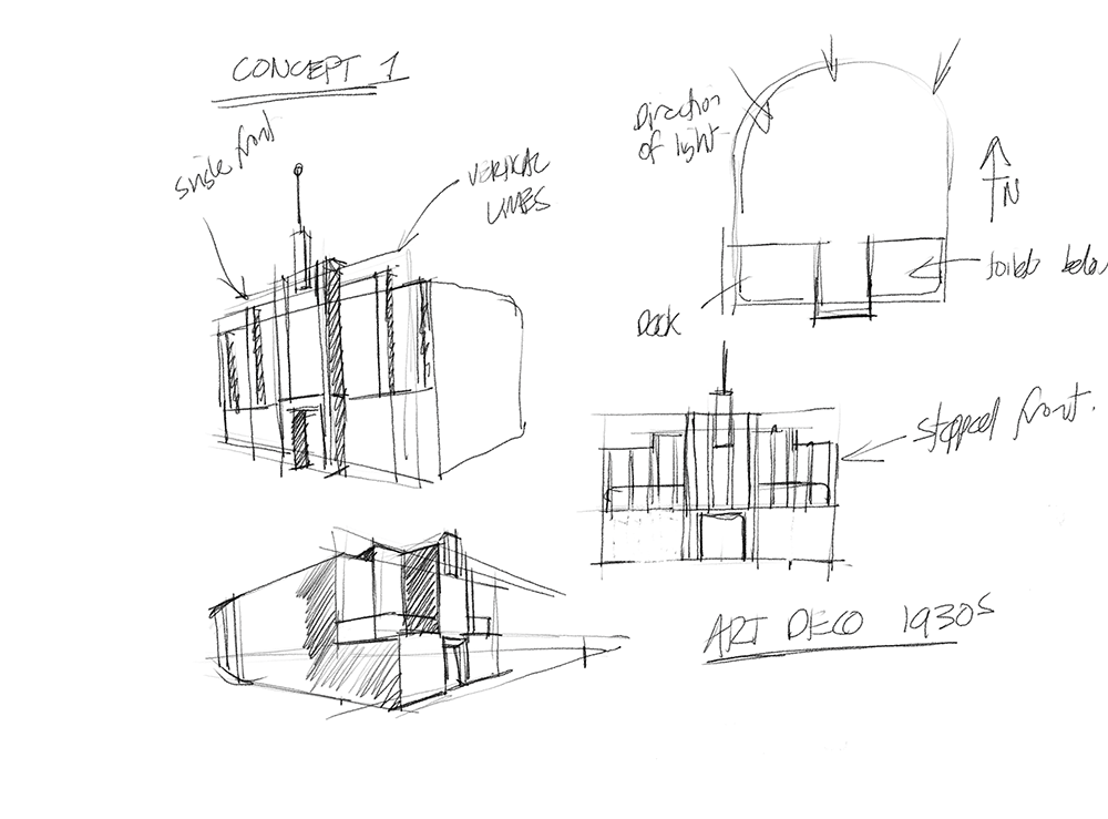 Hand-drawn architectural sketches labeled Concept 1 and Art Deco 1930s, showing front and side elevations, vertical lines, a single tall spire, stepped front, block elements, and direction of light notes.