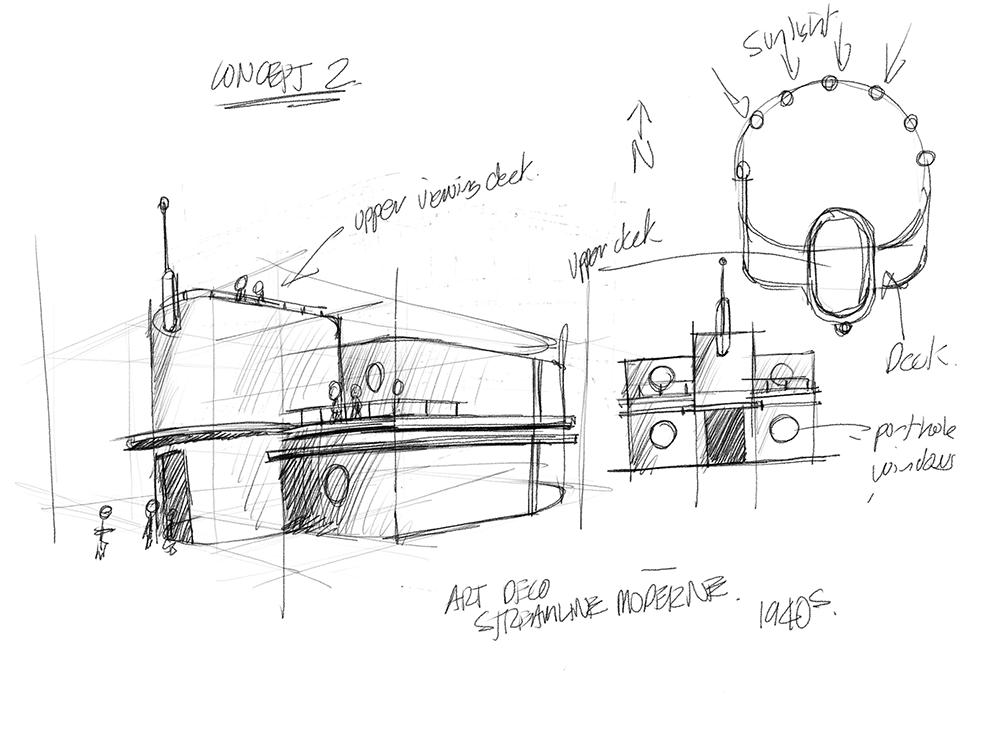 Architectural sketch of a streamline moderne building concept, labeled “Concept 2,” showing front, side, and top views with features like porthole windows, upper decks, and a skylight, inspired by 1940s Art Deco.
