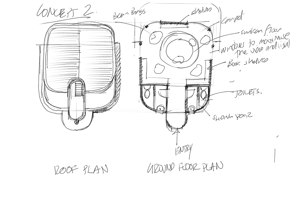 Hand-drawn architectural sketches labeled Concept 2, showing a roof plan and a ground floor plan of a building, with notes about shelves, windows, sunken floor, entry, and toilet locations.