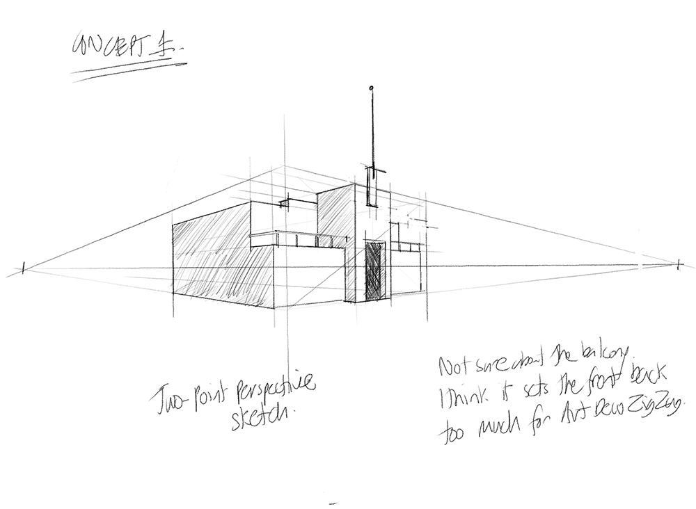 A pencil sketch of a modern building in two-point perspective, with handwritten notes questioning the balconys placement and saying the front is set back too much for a strong entry. Lines and vanishing points are visible.