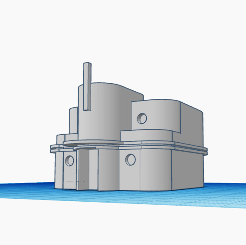 3D model of a modern, rounded building with two stories, circular windows, flat roofs, and a vertical chimney-like structure on the front, shown on a blue grid workspace.