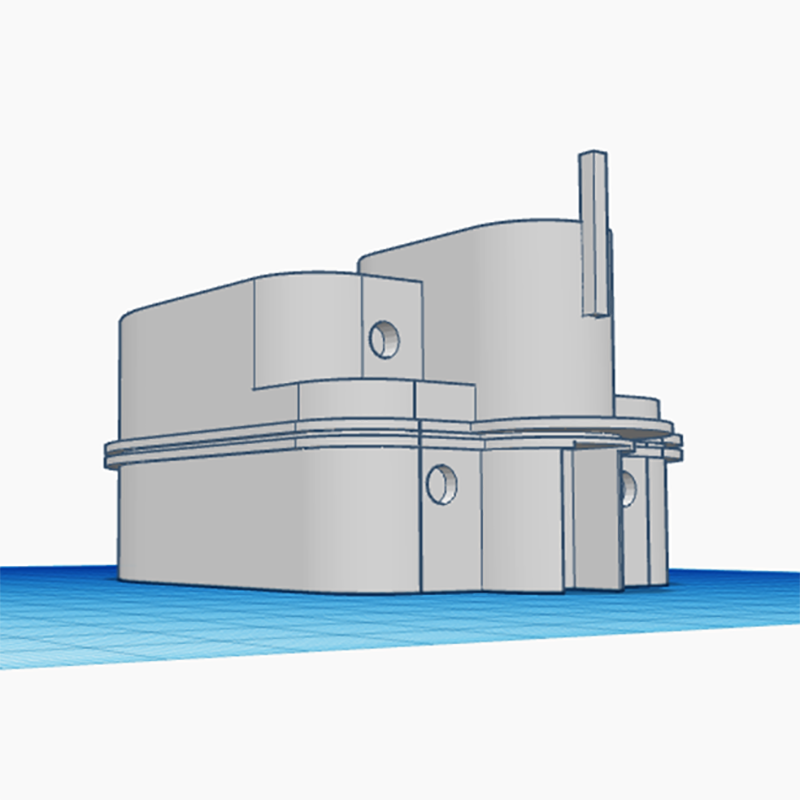 A 3D model of a geometric object with rounded and rectangular shapes, holes, and a vertical cylindrical protrusion, displayed on a blue grid background.
