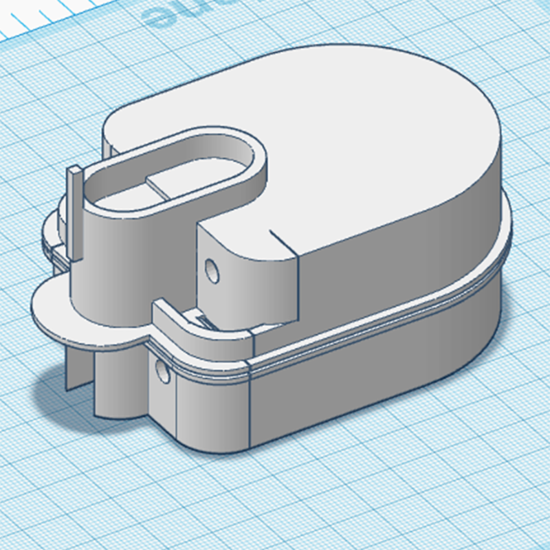 A 3D model of a rounded, rectangular mechanical part with two main sections, holes for fasteners, and layered contours, displayed on a blue grid workspace.