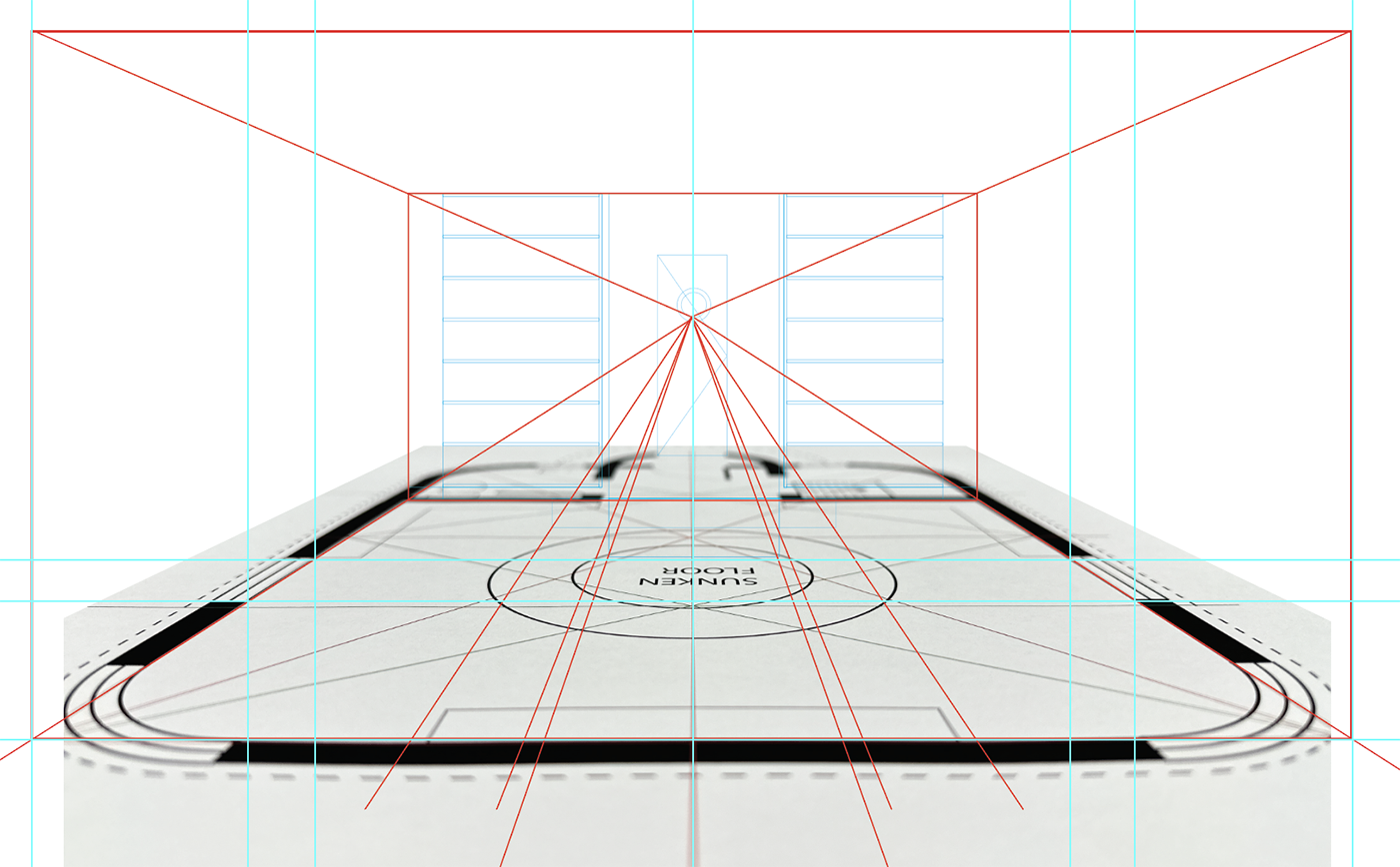 A diagram of a room in two-point perspective, featuring a central vanishing point marked by red lines, with blue construction lines and labeled areas such as “SUNKEN FLOOR” on the floor plan.