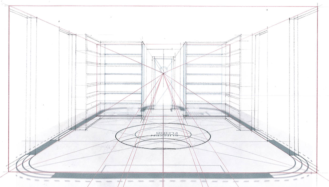 A perspective drawing of an indoor basketball court with guidelines showing vanishing points and central alignment; faint shelving lines are visible along the left and right walls.