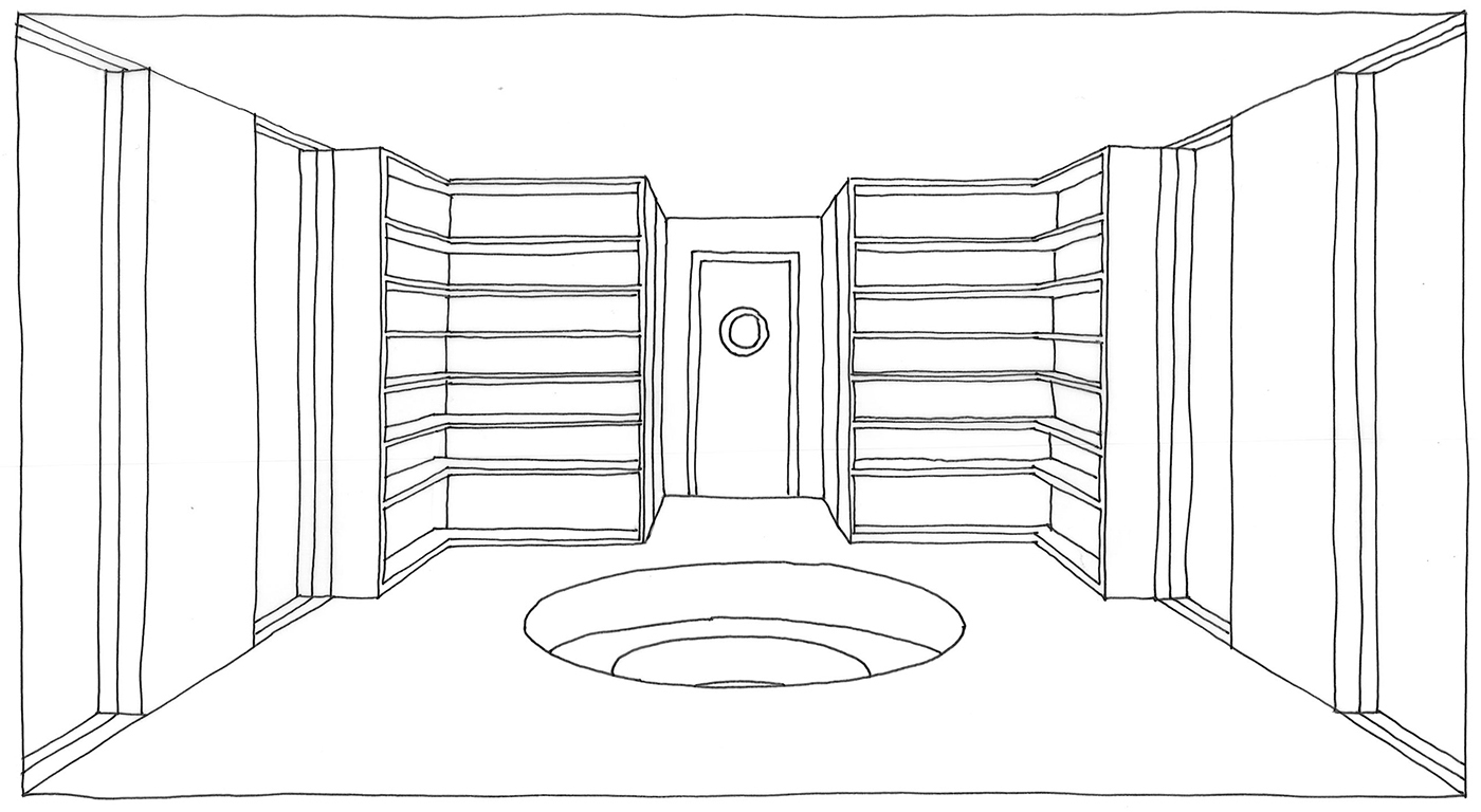 Line drawing of a symmetrical room with empty shelves on both side walls, a door with a circular window at the center of the back wall, and a circular recessed area in the floor at the center.