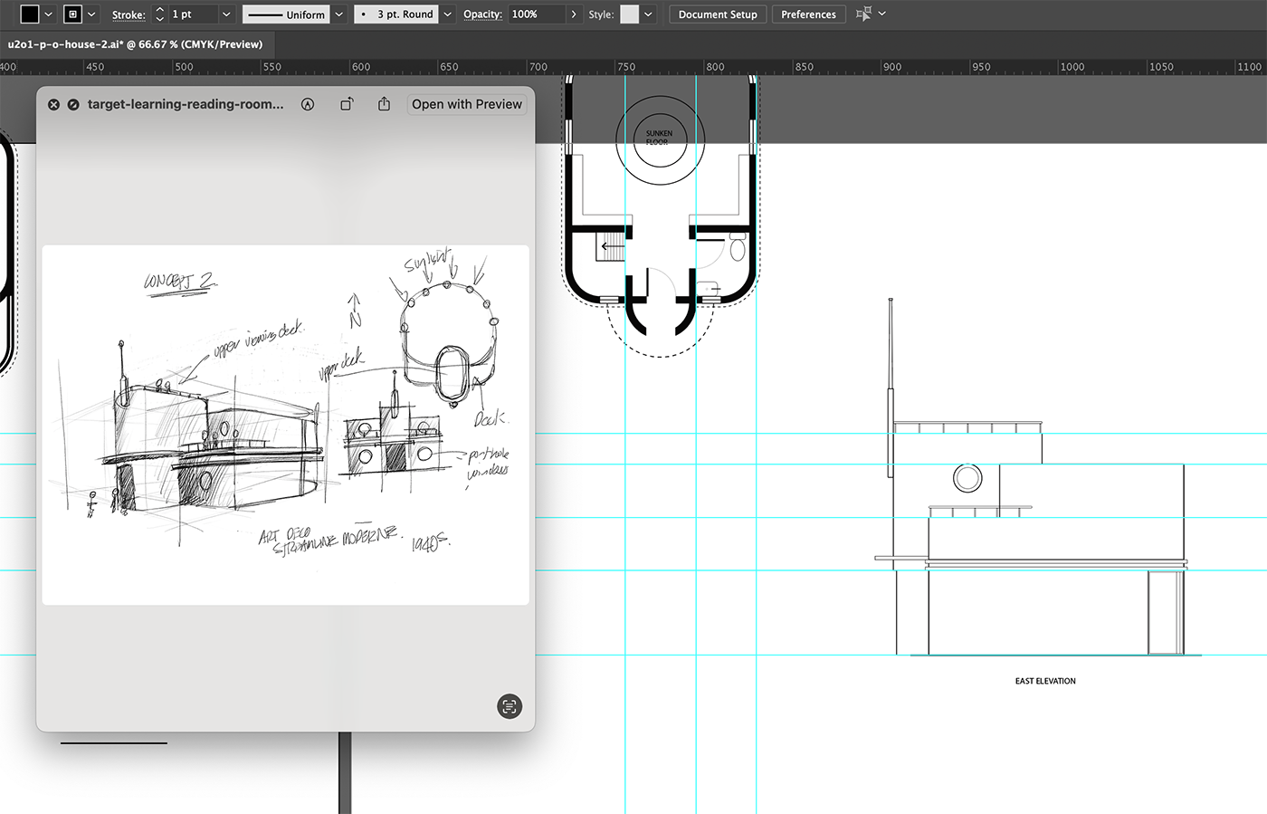 A computer screen shows architectural design software with technical drawings and blueprints. A hand-drawn concept sketch overlays part of the workspace, featuring notes and two perspectives of a reading room design.