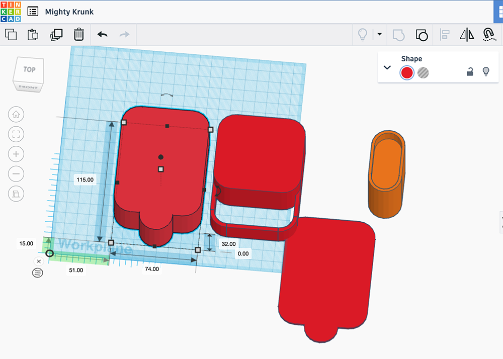 A 3D modeling software screenshot shows four red popsicle-shaped objects, including two solid popsicles, one hollow shell, and one rectangular outline, arranged on a blue grid workspace.