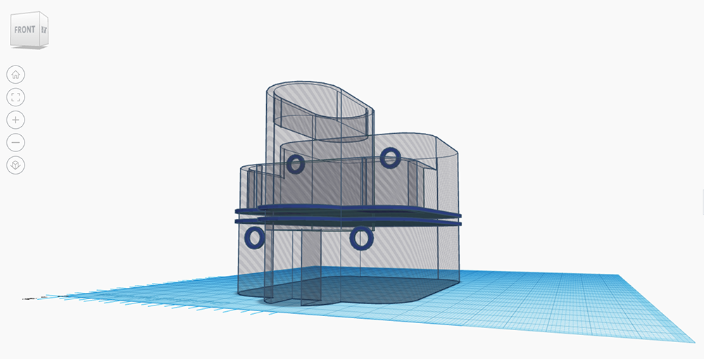 A transparent 3D model with curved and rectangular shapes, shown on a blue grid workspace with circular cutouts and shaded layers, displayed in a digital design interface.