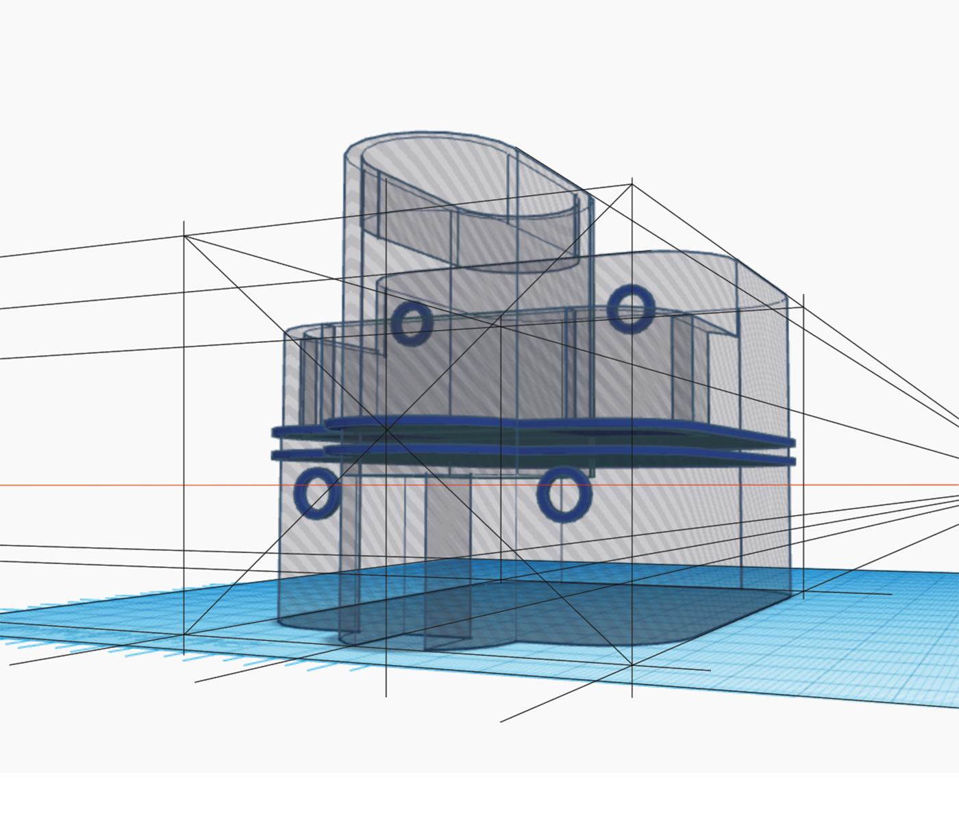 A 3D model of a boat with circular windows and geometric guides, displayed on a blue grid workspace with visible construction lines and measurement points.
