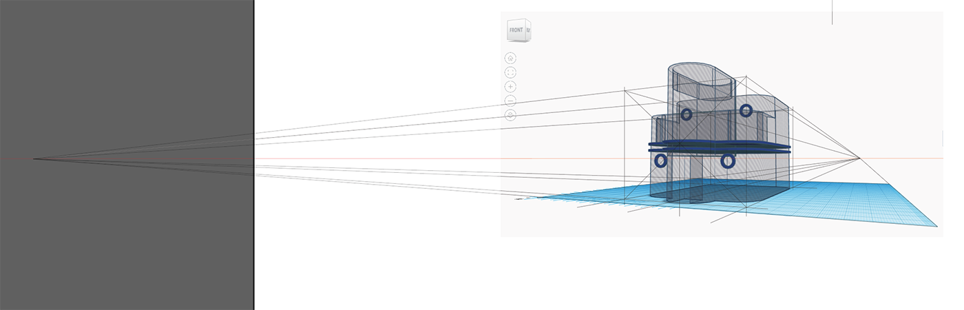 A 3D modeling interface shows a geometric object on a grid. Multiple perspective lines extend from the object to a vanishing point on the left side, illustrating principles of perspective drawing.