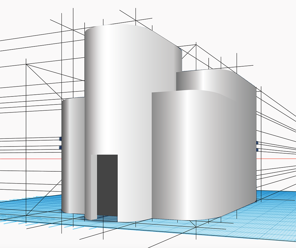 A 3D model of a modern building with rounded corners and flat roofs, displayed on a blue grid. Construction lines and perspective guides are visible around the structure.