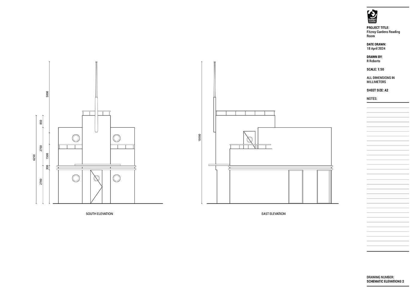 Architectural drawing showing the south and east elevations of a modern building, with clean lines, rectangular forms, circular windows, and labeled measurements alongside a title block on the right.