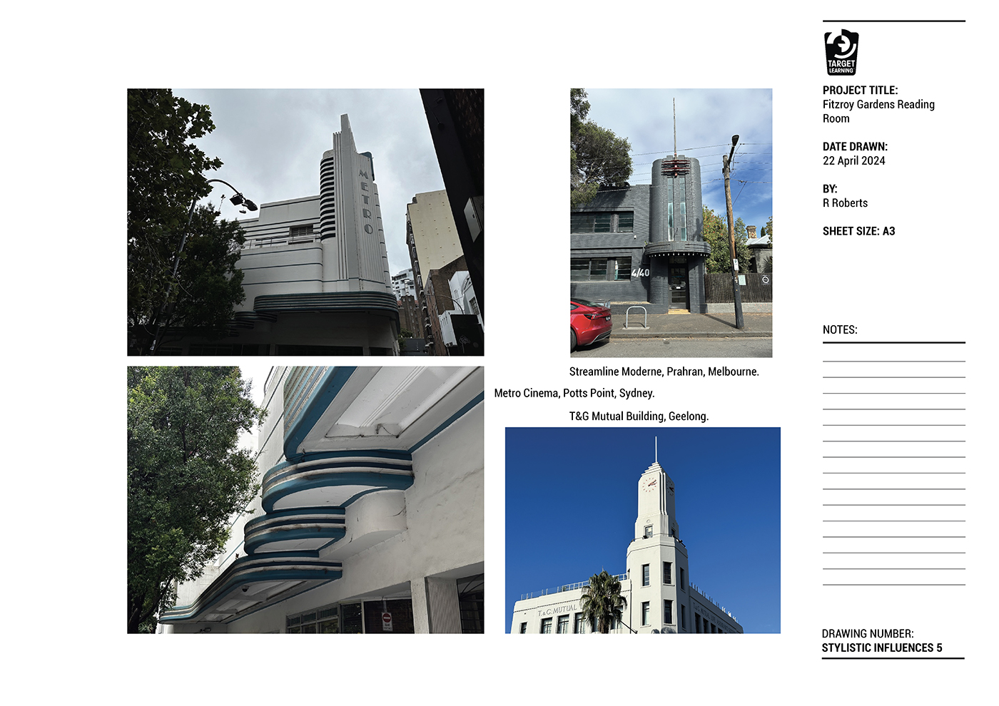 A collage of four photos showing Art Deco buildings in Australia, featuring curved lines, ribbed detailing, and geometric forms. Project details are listed on the right side, resembling an architectural drawing sheet.