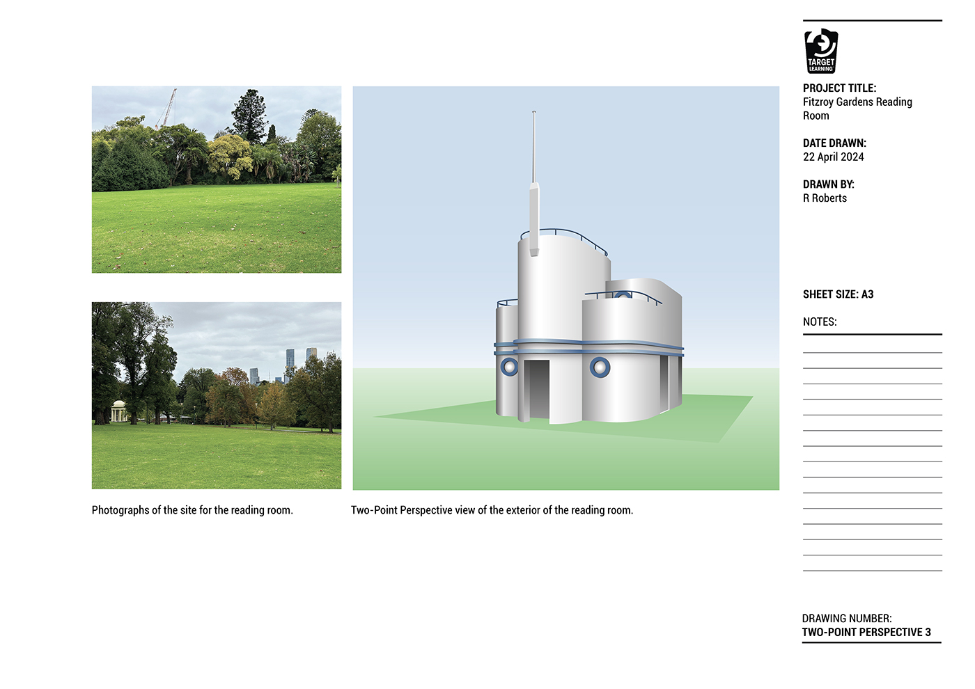 Architectural presentation sheet featuring two photos of a park-like site with trees and open grass, and a digital rendering showing a modern, cylindrical reading room building in two-point perspective.
