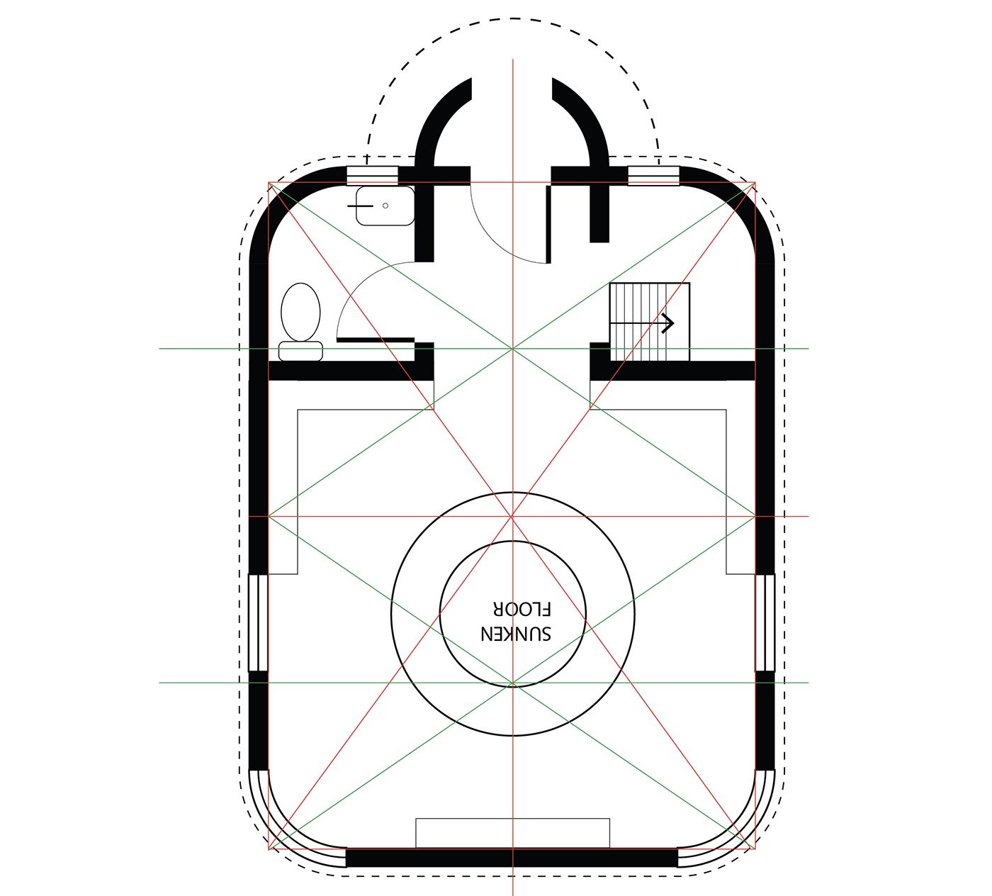 Black and white architectural floor plan featuring a central circular area labeled Sunken Floor, a small room with a toilet and sink in the upper left, stairs on the right, and double entry doors at the top center.