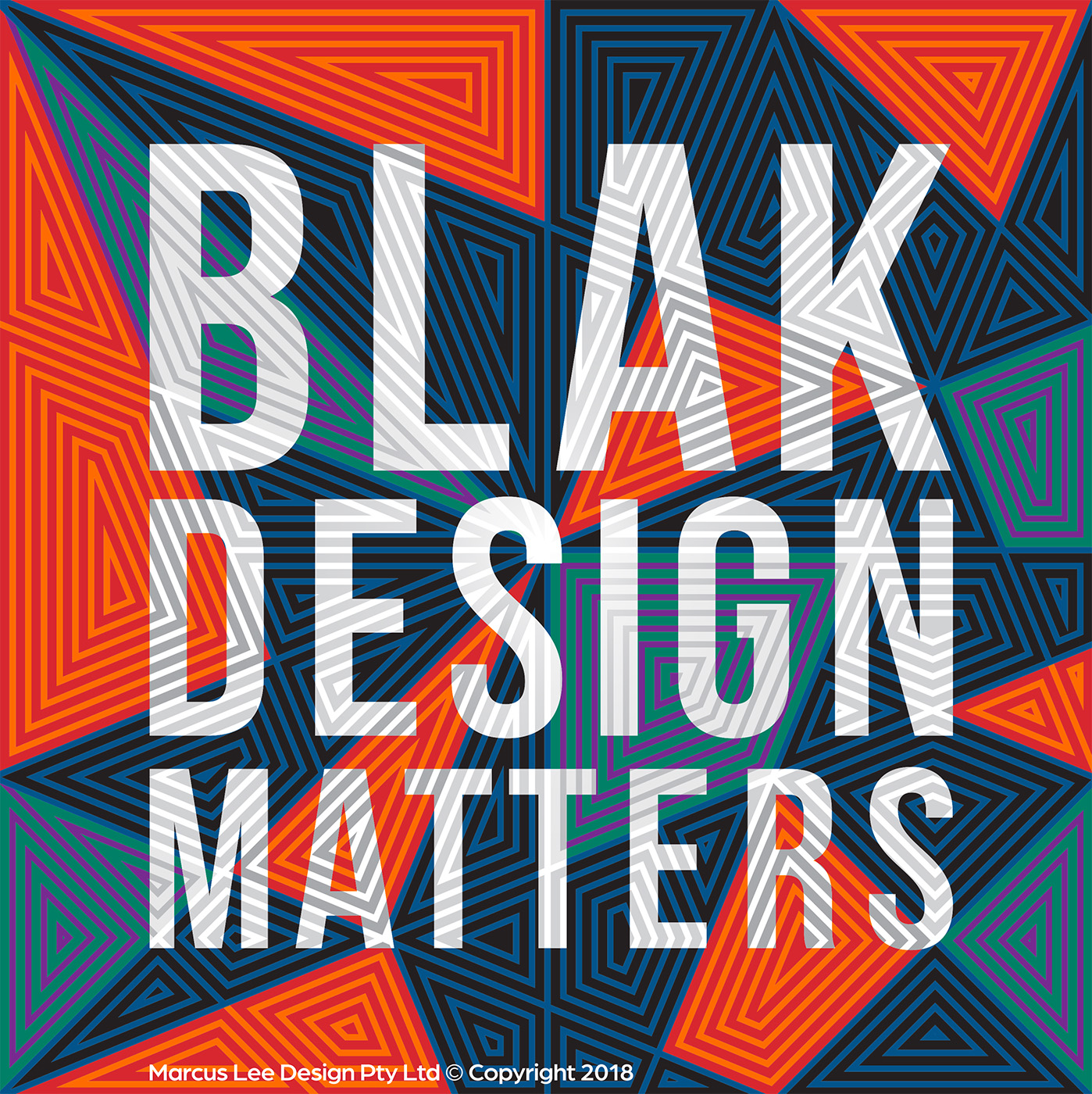 White bold text reading BLAK DESIGN MATTERS over a geometric background of layered, multicolored triangles in shades of orange, blue, gray, and green. Design credited to Marcus Lee Design.