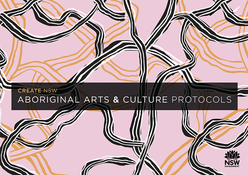 Abstract artwork with black, white, and ochre lines over a pink background. Text overlay reads: CREATE NSW ABORIGINAL ARTS & CULTURE PROTOCOLS. NSW Government logo is in the bottom right corner.