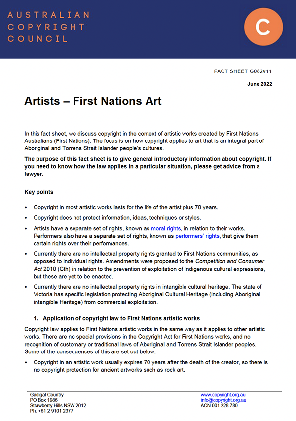 Australian Copyright Council fact sheet titled Artists – First Nations Art, dated June 2022, outlining how copyright applies to works by First Nations Australians. Includes key points on rights, protections, and cultural heritage laws.