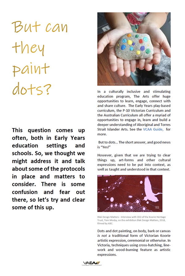 A flyer with a headline But can they paint dots? and an image of a painted rock with colorful dots. The flyer discusses dot painting in early years education and cultural considerations in art.