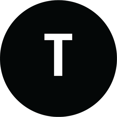 A bold, white, uppercase letter T centered on a solid black background.