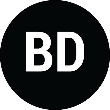 White capital letters BD centered on a solid black background.
