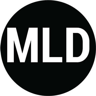 White bold capital letters MLD centered on a solid black background.