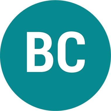 White capital letters BC centered on a teal background.