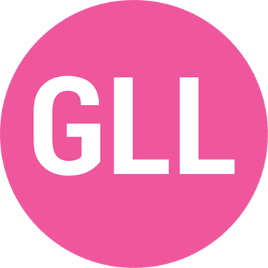 White uppercase letters GLL centered on a solid pink background.