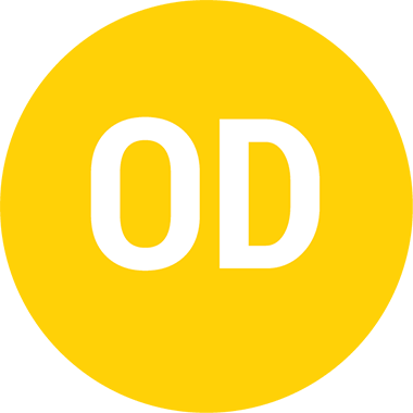 A yellow square with the white capital letters OD centered in bold font.