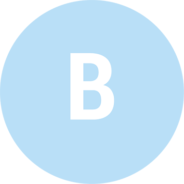 A large, bold white letter B is centered on a light blue background.