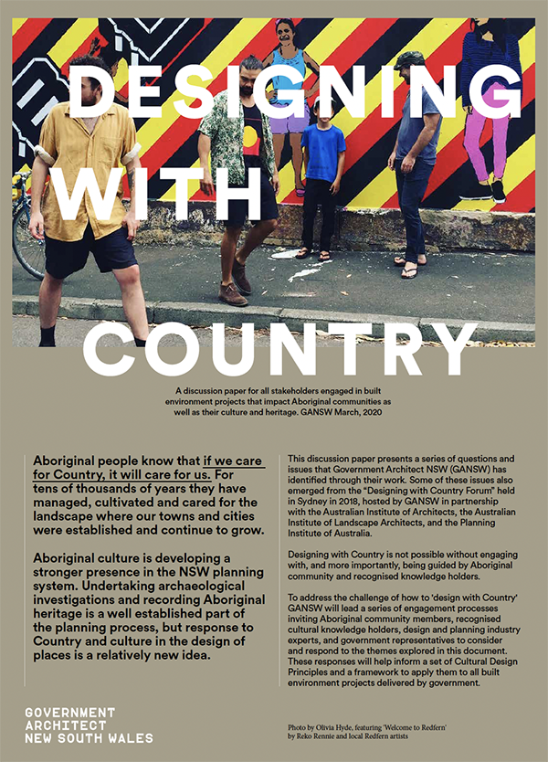 A group of people stand and sit in front of a colorful mural with bold diagonal stripes. Large white text over the image reads, Designing with Country. Informational text is displayed below.