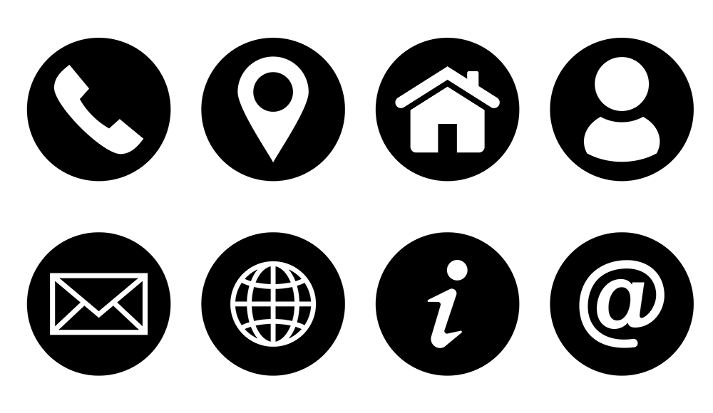 Eight black circular icons with white symbols: a phone, location pin, house, person, envelope, globe, information symbol, and at symbol, representing common contact and information options.