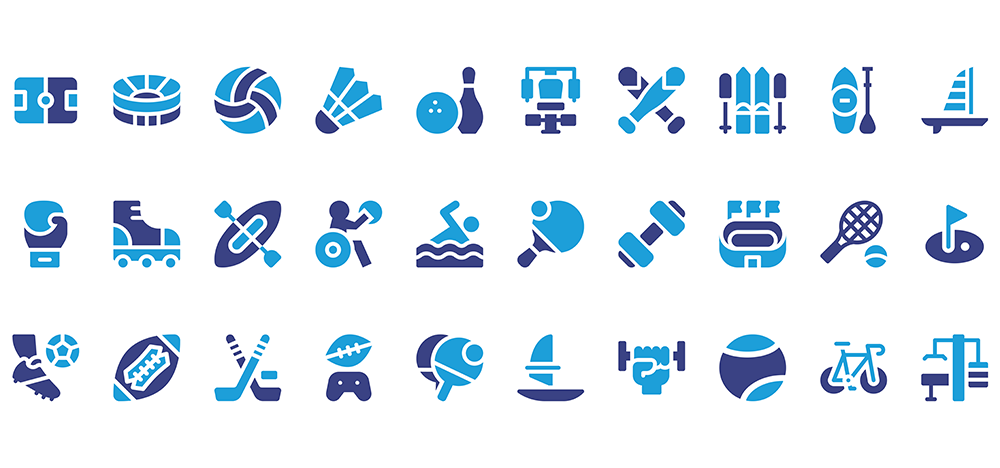 A collection of blue sports icons, including representations of soccer, basketball, badminton, bowling, cricket, skiing, kayaking, sailing, boxing, skating, swimming, table tennis, tennis, golf, rugby, football, gaming, fishing, cycling, and more.