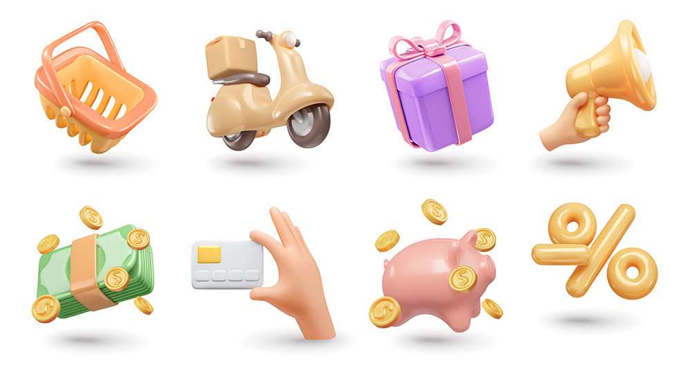 A set of 3D icons including a shopping basket, scooter, gift box, megaphone, stack of cash, hand holding a card, piggy bank with coins, and a percent sign, all on a white background.