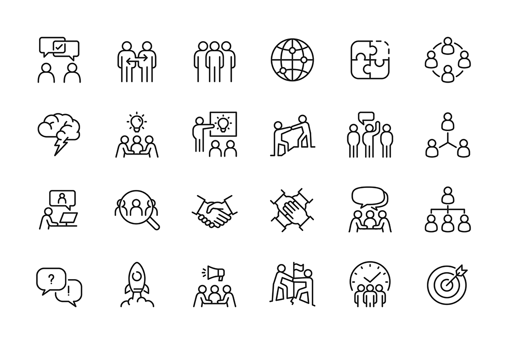 A set of 25 black line icons on teamwork and business concepts, including meetings, brainstorming, presentation, collaboration, networking, communication, goal setting, handshake, and group discussions.