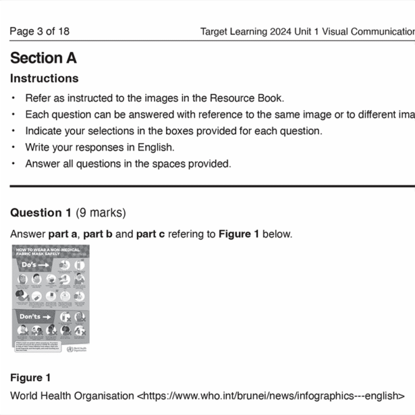The 2024 VCD Unit 1 Examination test page provides instructions for answering questions on a World Health Organization COVID-19 dos and donts image, which includes simple illustrations and safety tips to help prevent coronavirus.