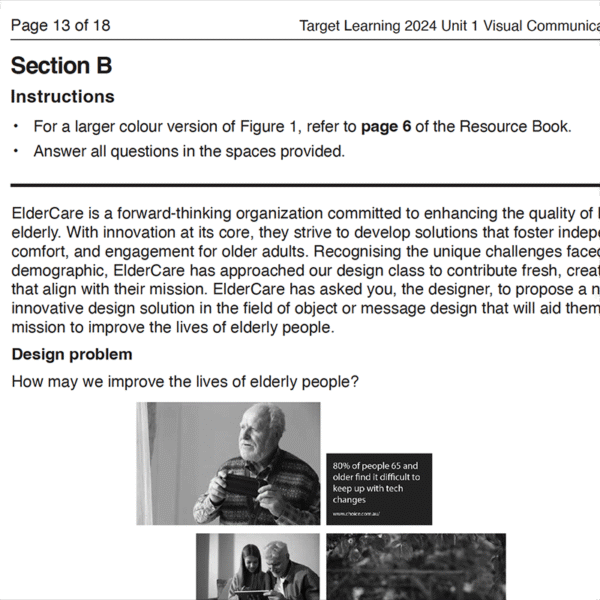 A document section titled Section B discusses ElderCare’s mission to improve elderly lives and asks, “How may we improve the lives of elderly people?”—using insights from the 2024 VCD Unit 1 Examination.