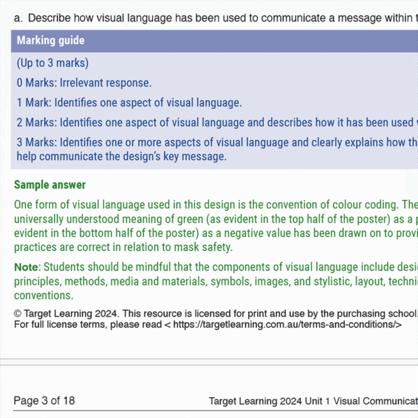 A screenshot from the 2024 VCD Unit 1 Examination showing the grading rubric and a sample visual language analysis answer, including mark criteria, colour coding example, and notes on needed visual language resources.