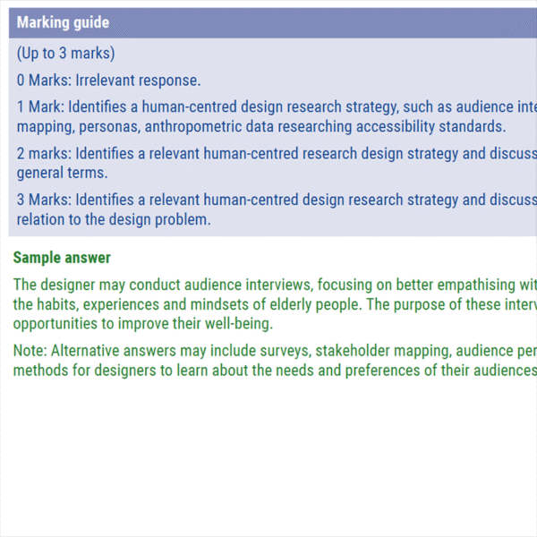 The 2024 VCD Unit 1 Examination marking guide features a 3-mark question on human-centred design research strategies, with a sample answer about elderly peoples habits. Alternatives like surveys or stakeholder mapping are also suggested.