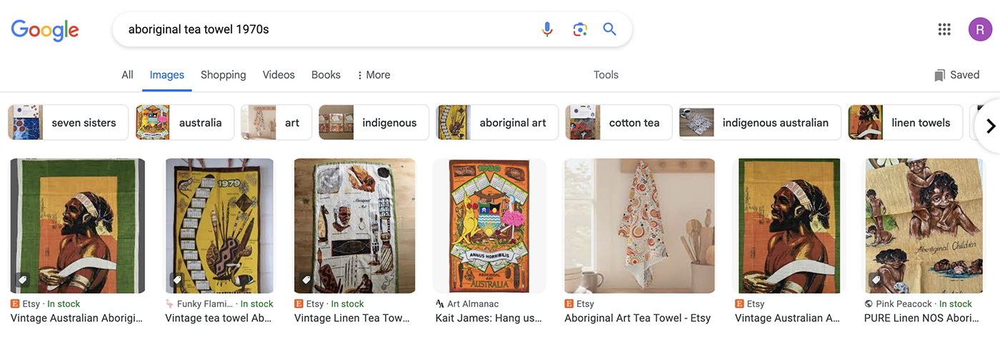 Screenshot of Google image search results for aboriginal tea towel 1970s, displaying various colorful vintage tea towels featuring Aboriginal art and designs.