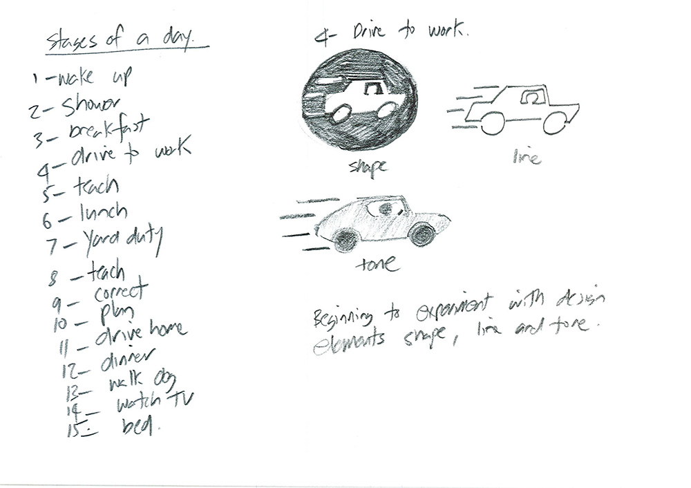 A handwritten list titled stages of a day is next to pencil sketches of cars, labeled shape, line, and tone, with a note about experimenting with design elements.