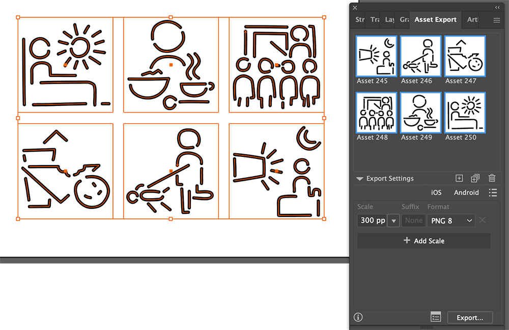 Six line-drawn icons show daily activities: waking up, eating, teaching, biking, childcare, and reading at night. A panel on the right displays these icons in a digital export menu with settings.