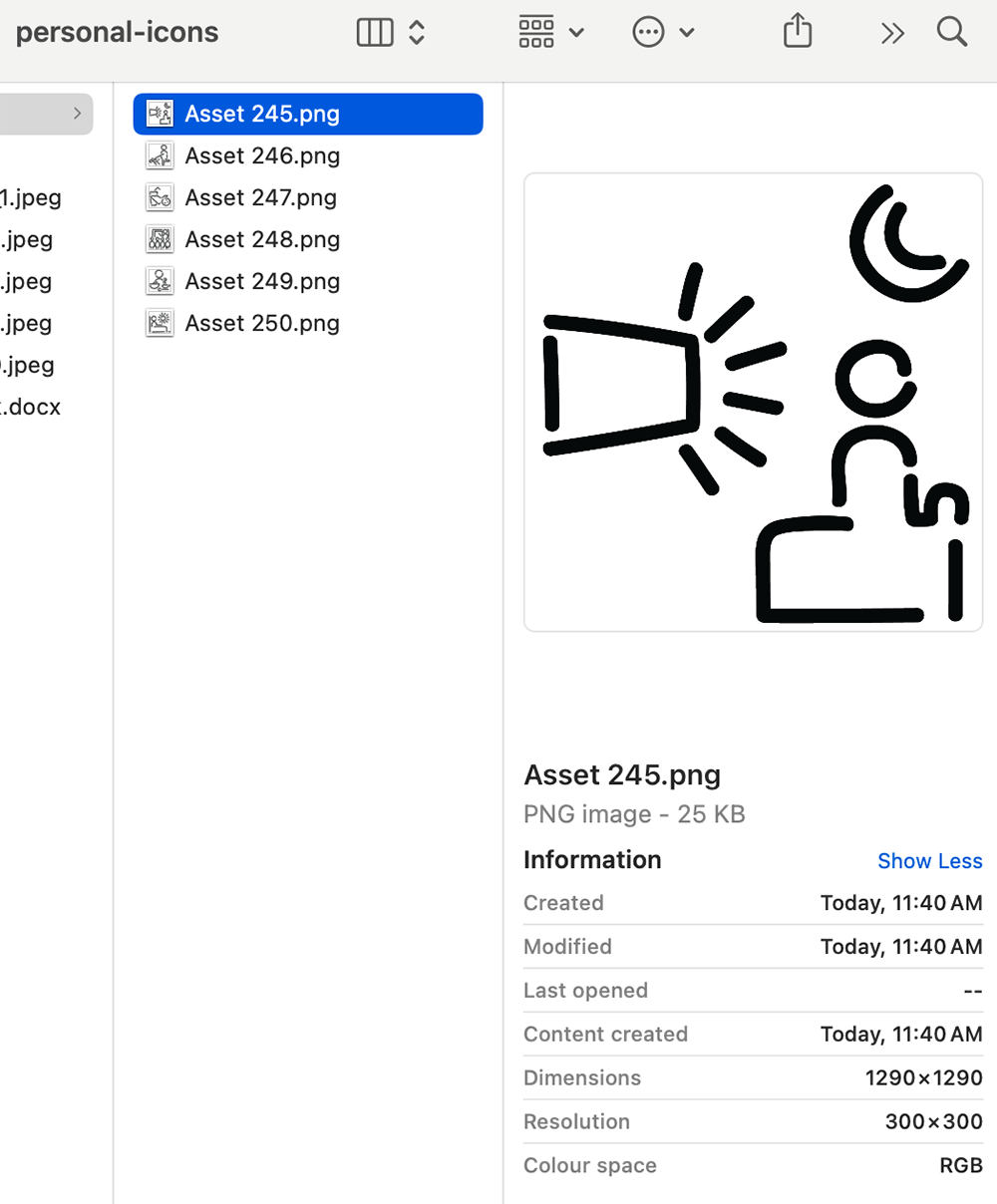 A computer screen displays a file explorer with a folder named personal-icons open. The selected file, Asset 245.png, shows an abstract icon of a person, a screen, and a crescent moon with stars. File details appear below.