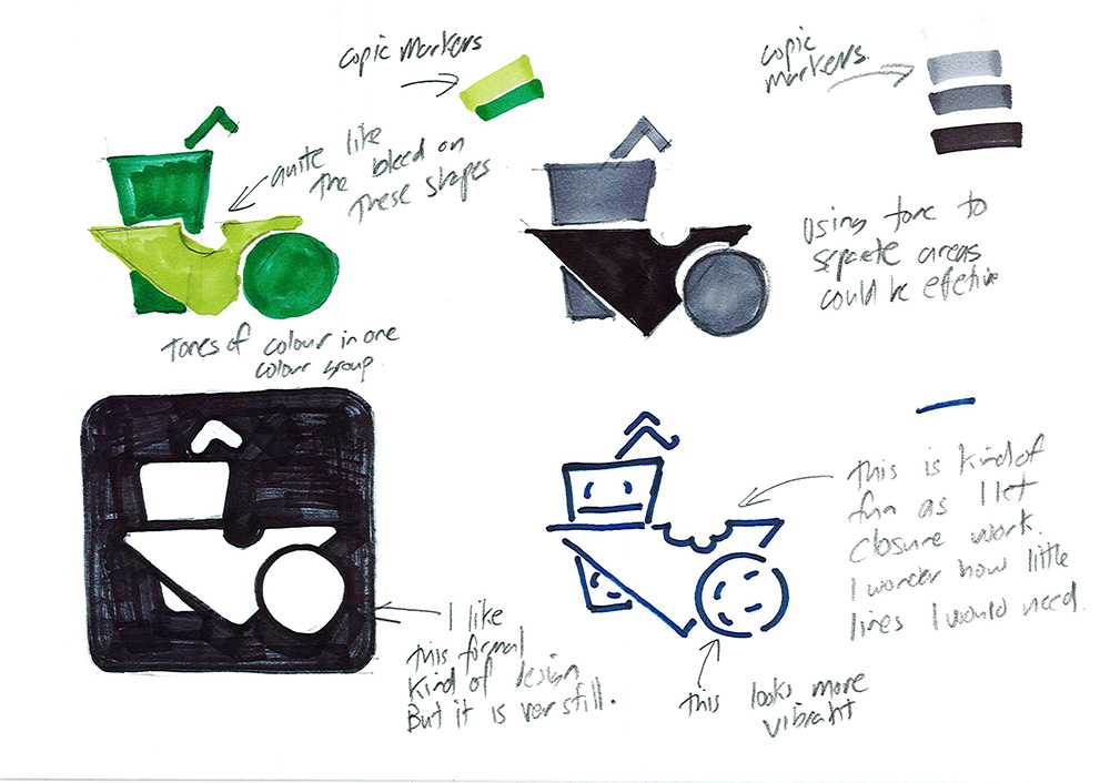 A page of colorful marker sketches showing abstract vehicle-like shapes; annotated notes discuss marker use, color blending, and design preferences, with playful linework and varied highlights in green, gray, and blue.