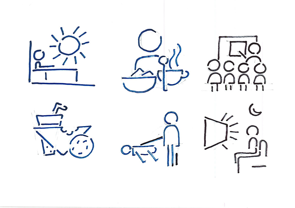 Six hand-drawn icons show: waking up to sunlight, eating a meal, sitting in a class, biking, walking a dog, and watching TV at night. Simple blue and black lines illustrate daily activities.